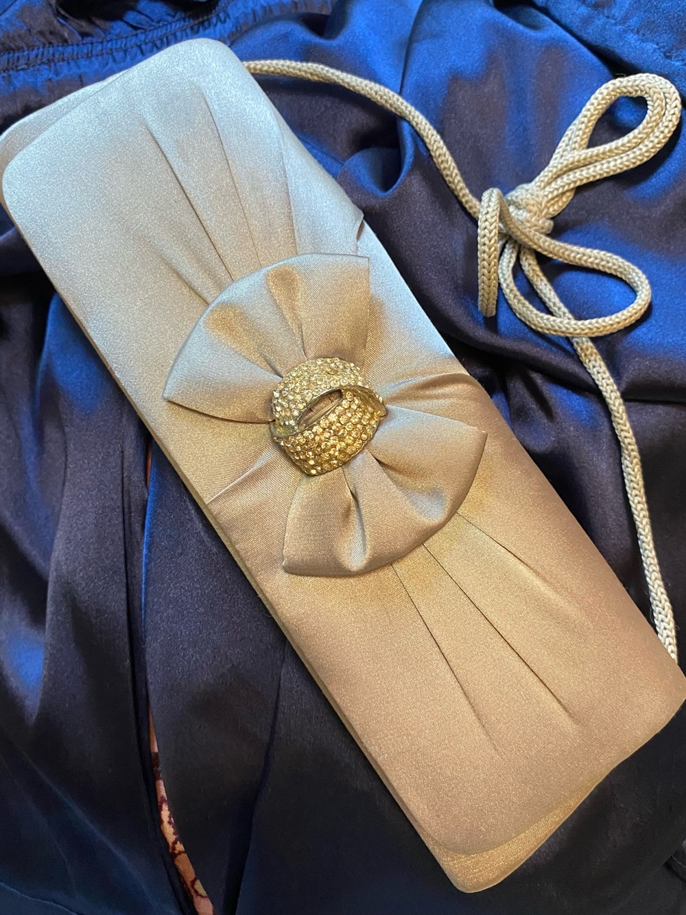 Vintage Silver Satin Pleated Evening Clutch Bag with Rhinestone Bow Accent
